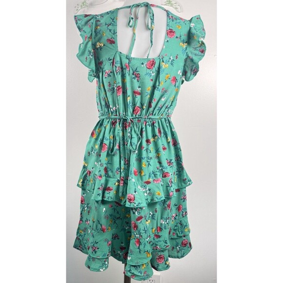 BOG Lottie & Holly Green Floral Boho Tiered Ruffle Mini Sleeveless Dress NWT XS - Picture 6 of 9